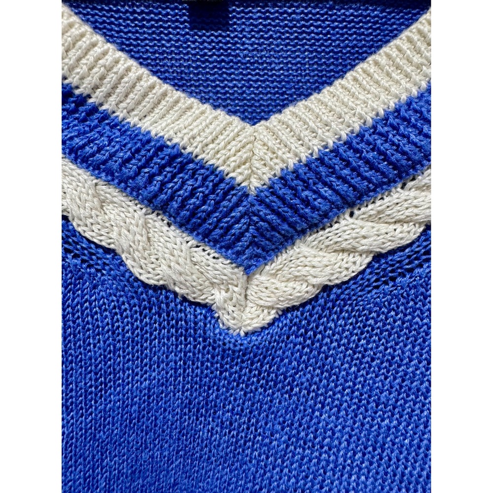 Talbots Womens Blue White Linen V-Neck Cable Trim Striped Knit Sweater Size M - Picture 3 of 5